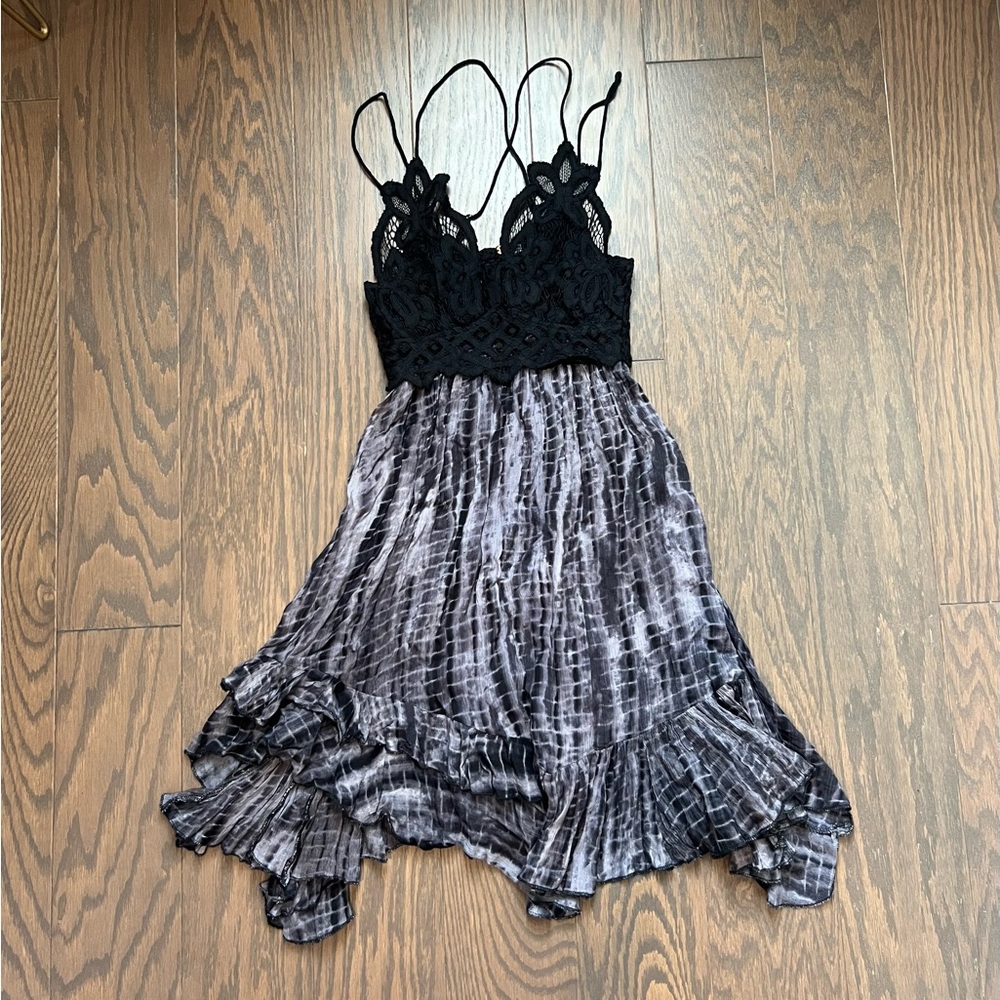 Free People Black Lace Bodice Gray Tie-Dye Midi Dress